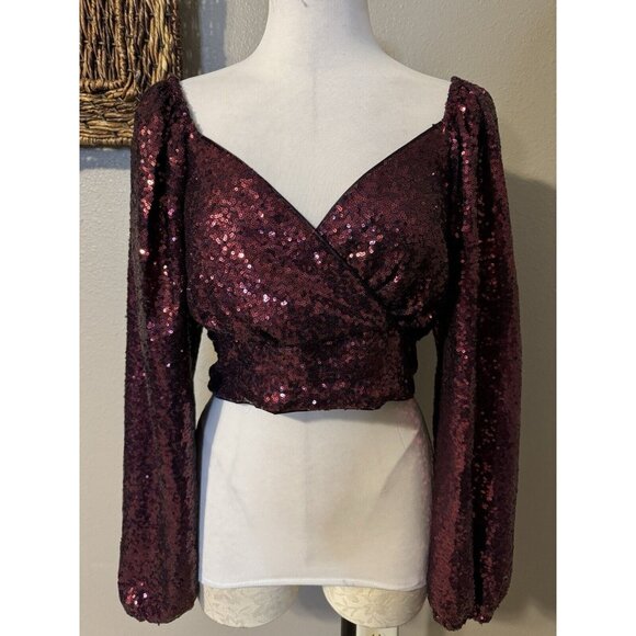 Lulus Purple Wine Sequined Long Puff Sleeve Cropped Top M Medium NEW - Picture 2 of 16